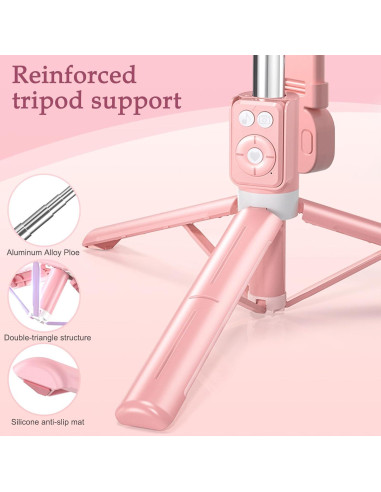 Trípode Selfie Stick Rosa con Luz LED y Control Remoto