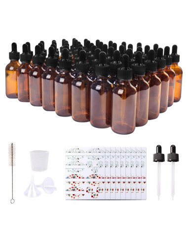 48 Botellas de Vidrio Ámbar 60 ml con Gotero y Accesorios