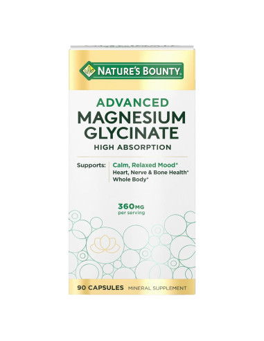 Suplemento de Magnesio Glicinato Nature's Bounty 360 mg 90 Cápsulas