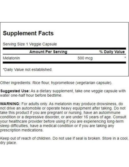 Melatonina 500 mcg Swanson 60 Cápsulas Veganas Melatonina 500 mcg Swanson 60 Cápsulas Veganas