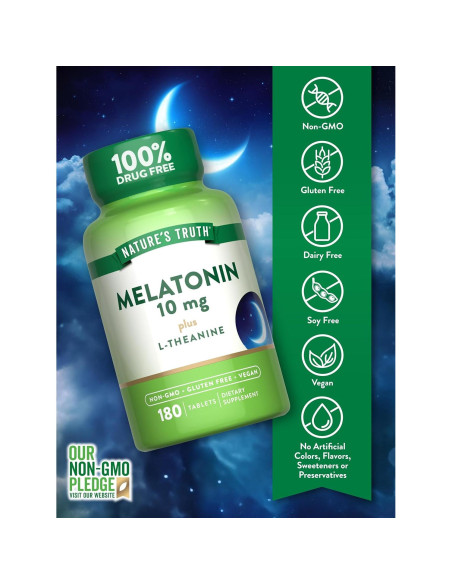 Tabletas de Melatonina Nature's Truth 10mg con L-Theanina 180 Unidades Tabletas de Melatonina Nature's Truth 10mg con L-Theanina 180 Unidades