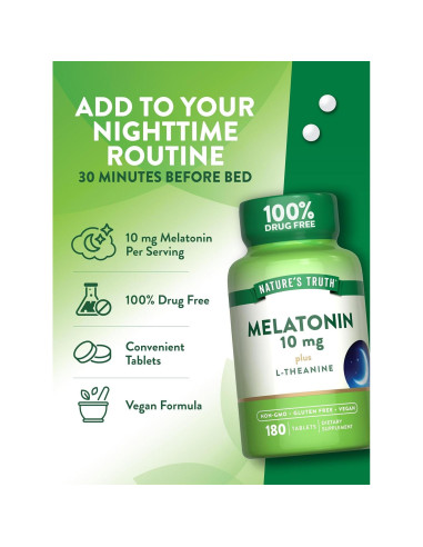 Tabletas de Melatonina Nature's Truth 10mg con L-Theanina 180 Unidades