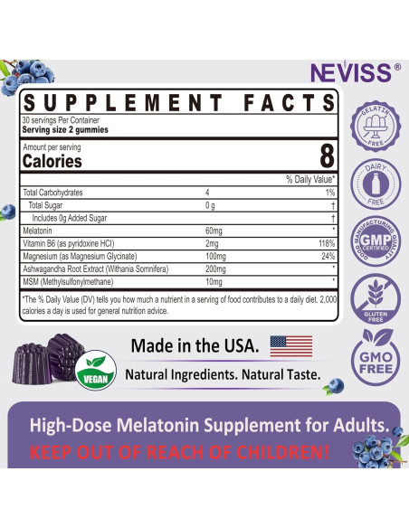 Gominolas de Melatonina 60mg NEVISS con B6 y Ashwagandha Gominolas de Melatonina 60mg NEVISS con B6 y Ashwagandha