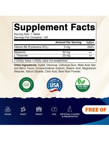 Melatonina Vitamatic 30 mg con B6 y L-Teanina 120 Tabletas