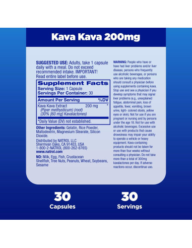 Suplemento Natrol Kava Kava 200mg para Estrés y Relajación - 30 Cápsulas