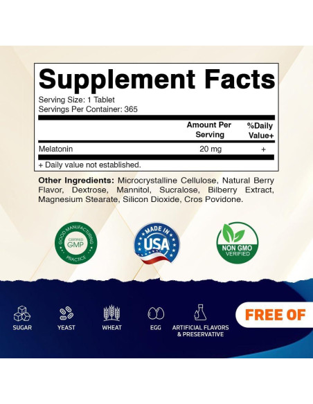 Tabletas de Melatonina Vitamatic 20 mg Sabor Frutos Rojos 365 Unidades Tabletas de Melatonina Vitamatic 20 mg Sabor Frutos Rojos 365 Unidades