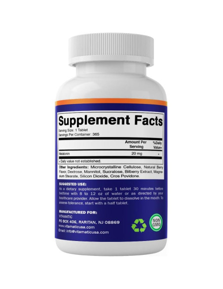 Tabletas de Melatonina Vitamatic 20 mg Sabor Frutos Rojos 365 Unidades Tabletas de Melatonina Vitamatic 20 mg Sabor Frutos Rojos 365 Unidades