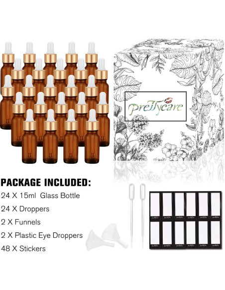Botellas Cuentagotas de Vidrio Ámbar 15 ml PrettyCare - 24 Pcs Botellas Cuentagotas de Vidrio Ámbar 15 ml PrettyCare - 24 Pcs