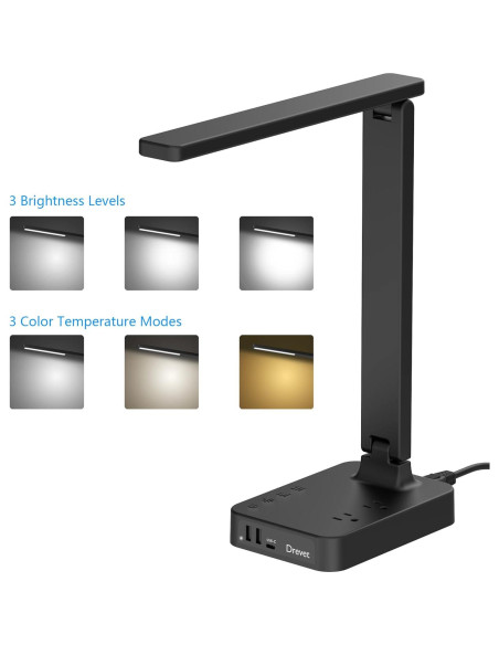 Lámpara de escritorio LED Drevet con USB-C y 3 puertos Lámpara de escritorio LED Drevet con USB-C y 3 puertos