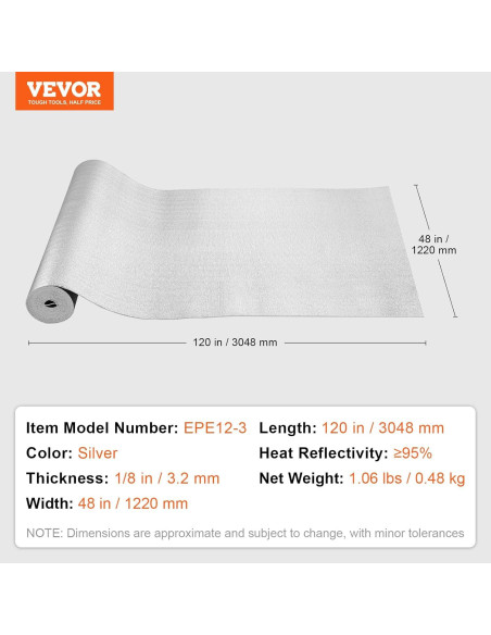 Rollo Aislamiento Reflectante Doble VEVOR 122 cm x 3 m 3.2 mm Rollo Aislamiento Reflectante Doble VEVOR 122 cm x 3 m 3.2 mm