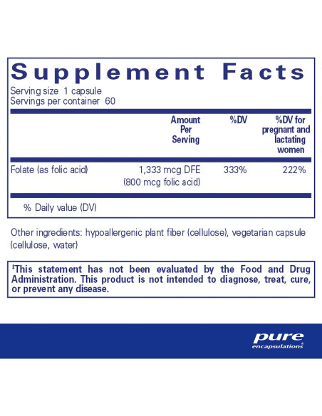 Ácido Fólico Pure Encapsulations | Suplemento Hipoalergénico 60 Cápsulas Ácido Fólico Pure Encapsulations | Suplemento Hipoalergénico 60 Cápsulas