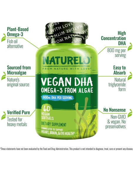 Suplemento DHA Vegano NATURELO - Omega 3 de Algas - 60 Cápsulas Suplemento DHA Vegano NATURELO - Omega 3 de Algas - 60 Cápsulas