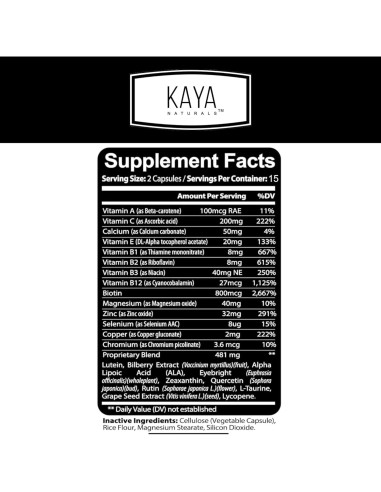 Suplemento Ocular Kaya Naturals 800 mg Luteína y Zeaxantina 30 Cápsulas