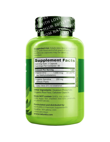 NATURELO B12 Vegana 1000 mcg con Espirulina - 90 Cápsulas