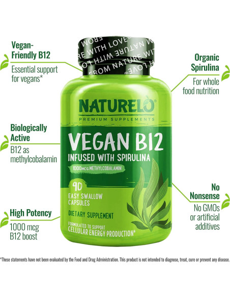 NATURELO B12 Vegana 1000 mcg con Espirulina - 90 Cápsulas NATURELO B12 Vegana 1000 mcg con Espirulina - 90 Cápsulas