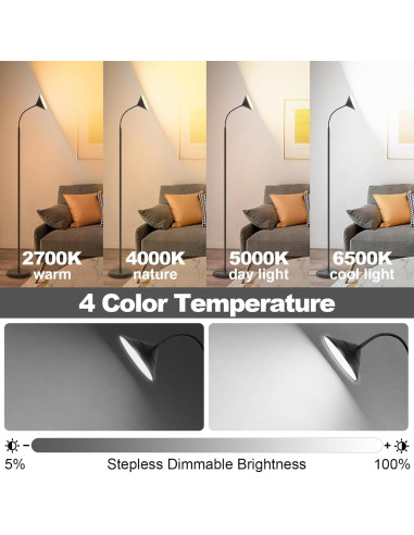 Lámpara de Pie LED Mukuxin 18W 1800LM Regulable 193cm Negra