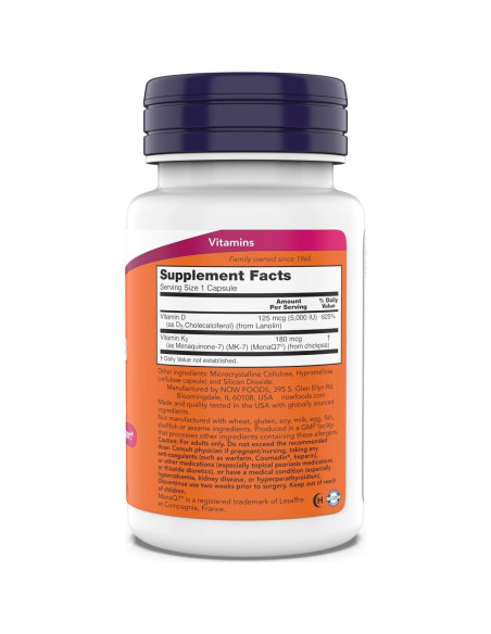 NOW Mega D-3 y K-2 MK-7 5000 UI 180 mcg 180 Cápsulas NOW Mega D-3 y K-2 MK-7 5000 UI 180 mcg 180 Cápsulas