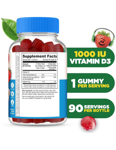 Gomas de Vitamina D Lifeable Sin Azúcar 1000 UI 90 Unidades Gomas de Vitamina D Lifeable Sin Azúcar 1000 UI 90 Unidades