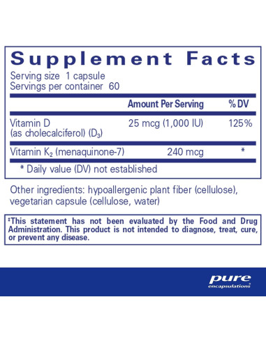 Suplemento Pure Encapsulations PureHeart K2D - Vitamina K2 y D3 - 60 Cápsulas
