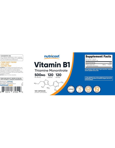 Vitamina B1 (Tiamina) 500mg Nutricost - 120 Cápsulas