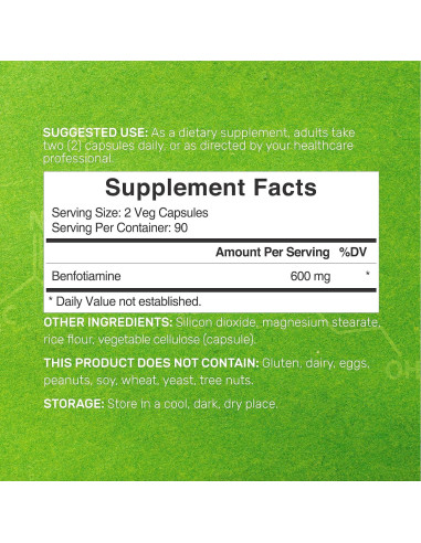 Benfotiamina 600mg - Suplemento Vegano de Vitamina B1 - 180 Cápsulas