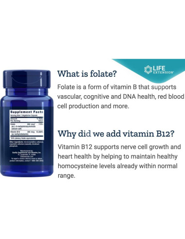 Suplemento de Folato Bioactivo y Vitamina B12 Life Extension, 300 Cápsulas Vegetarianas