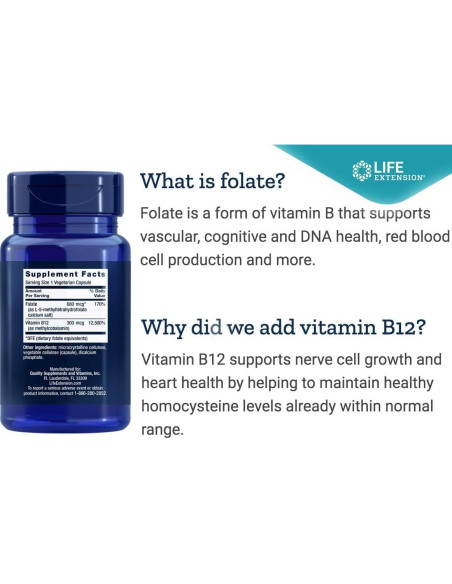 Suplemento de Folato Bioactivo y Vitamina B12 Life Extension, 300 Cápsulas Vegetarianas Suplemento de Folato Bioactivo y Vitamina B12 Life Extension, 300 Cápsulas Vegetarianas