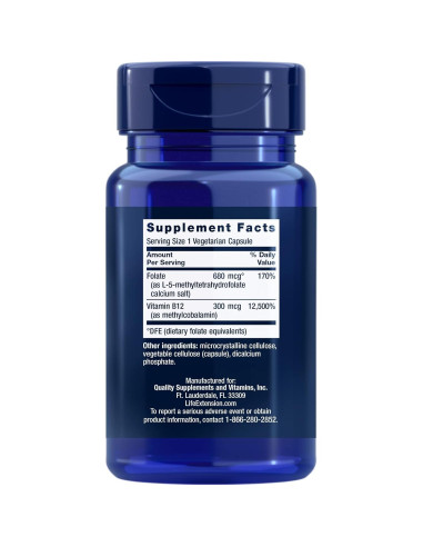 Suplemento de Folato Bioactivo y Vitamina B12 Life Extension, 300 Cápsulas Vegetarianas