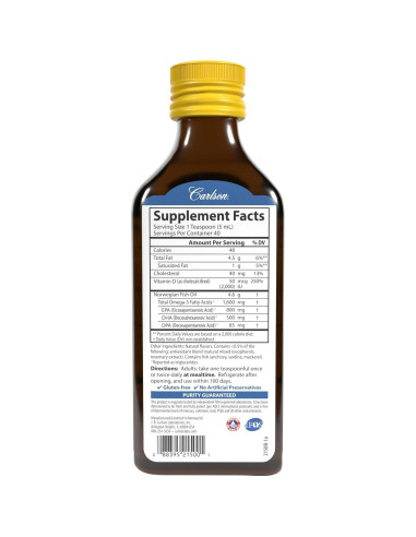 Aceite de Pescado Carlson + D3 200 mL - 1600 mg Omega-3s