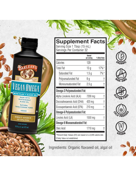 Aceite de Linaza y Algas Omega 3 Barlean's 473 ml Vegano Aceite de Linaza y Algas Omega 3 Barlean's 473 ml Vegano
