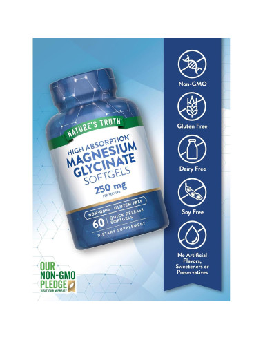 Suplemento Glicinato de Magnesio Nature's Truth 250mg 60 Cápsulas