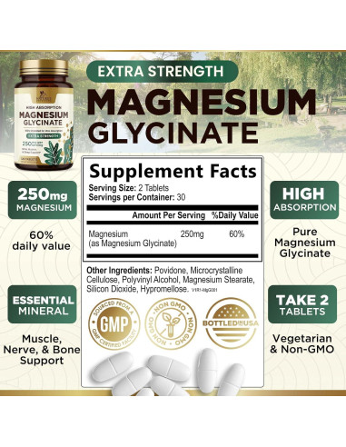 Glicinato de Magnesio Nature's Nutrition 250 mg 60 Tabletas Veganas