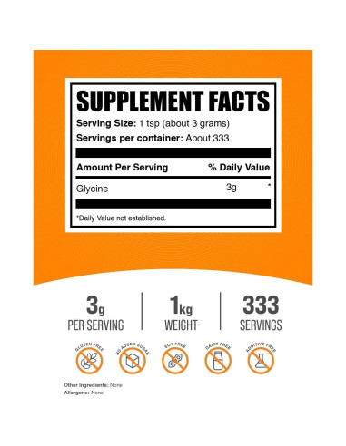 Polvo de Glicina BulkSupplements 1kg - Suplemento Aminoácidos 3g