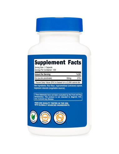 Nutricost Picolinato de Zinc 30mg 120 Cápsulas Sin Gluten