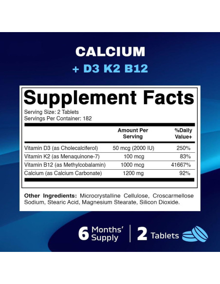 Suplemento de Calcio Vitamatic 1200mg + D3, K2, B12 - 365 Tabletas Suplemento de Calcio Vitamatic 1200mg + D3, K2, B12 - 365 Tabletas
