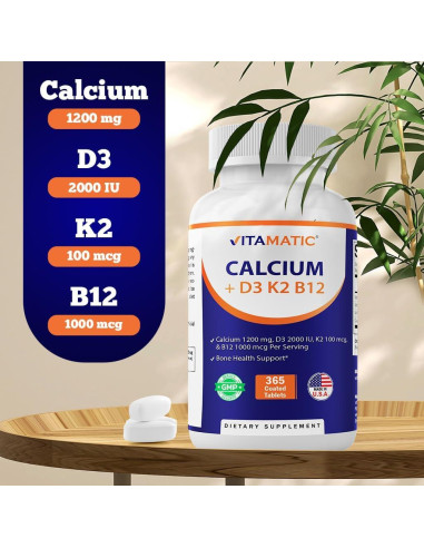 Suplemento de Calcio Vitamatic 1200mg + D3, K2, B12 - 365 Tabletas
