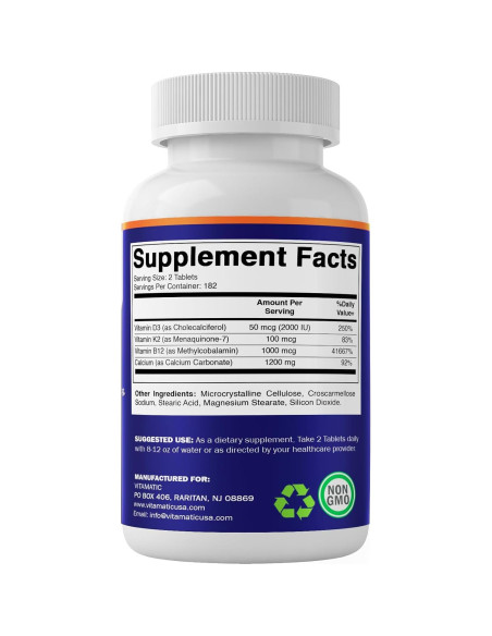 Suplemento de Calcio Vitamatic 1200mg + D3, K2, B12 - 365 Tabletas Suplemento de Calcio Vitamatic 1200mg + D3, K2, B12 - 365 Tabletas