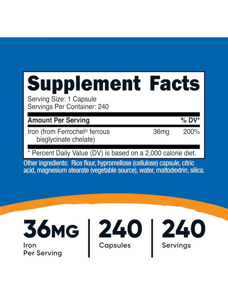 Suplemento de Hierro Quelado Nutricost Ferrochel 36mg 240 Cápsulas Suplemento de Hierro Quelado Nutricost Ferrochel 36mg 240 Cápsulas