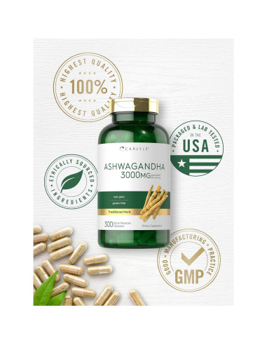 Suplemento de Ashwagandha Carlyle 3000mg 300 Cápsulas Sin OGM