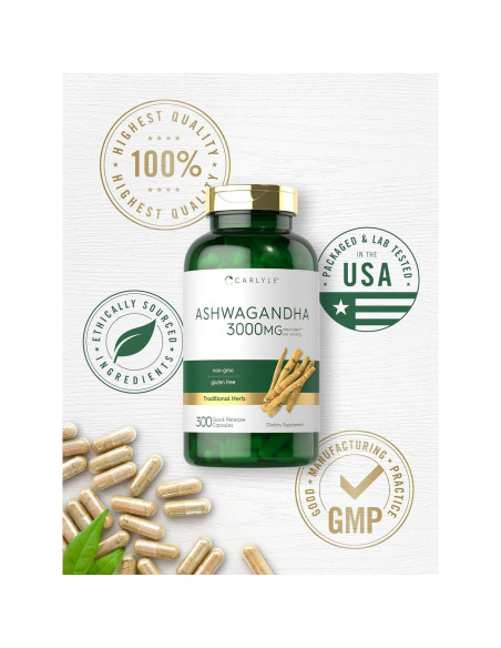 Suplemento de Ashwagandha Carlyle 3000mg 300 Cápsulas Sin OGM Suplemento de Ashwagandha Carlyle 3000mg 300 Cápsulas Sin OGM