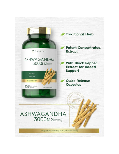Suplemento de Ashwagandha Carlyle 3000mg 300 Cápsulas Sin OGM Suplemento de Ashwagandha Carlyle 3000mg 300 Cápsulas Sin OGM