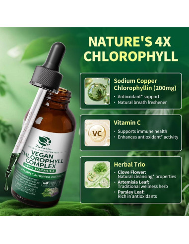 Gotas de Clorofila 200mg Lukaree 2Oz - Vegano, Sin Azúcar, Menta