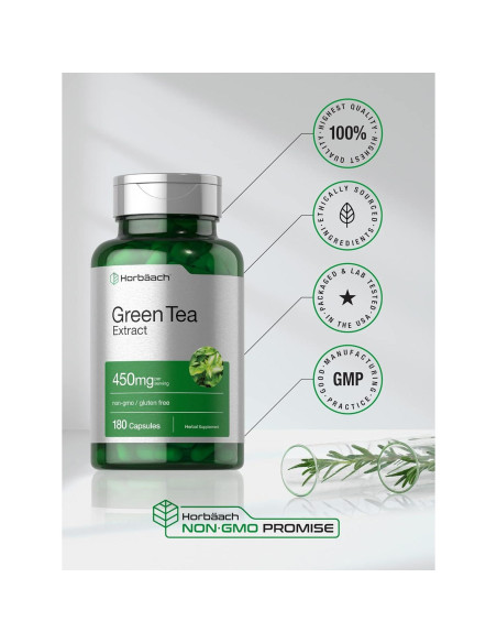 Cápsulas de Extracto de Té Verde Horbach 450mg - 180 Unidades - Sin OGM y Gluten Cápsulas de Extracto de Té Verde Horbach 450mg - 180 Unidades - Sin OGM y Gluten
