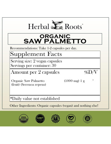 Cápsulas de Saw Palmetto Orgánico Herbal Roots 1000mg 60 Unidades