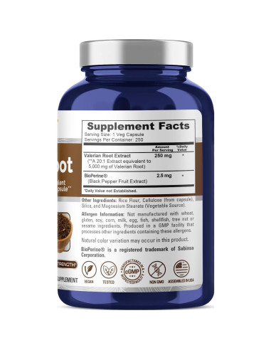 NusaPure Extracto de Raíz de Valeriana 20:1 250mg Vegano 250 Cápsulas