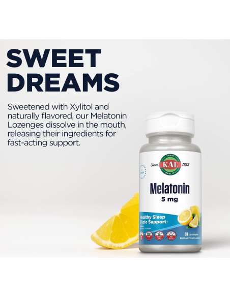 KAL Melatonina 5mg con Vitamina B6 Sabor Limón 30 Pastillas KAL Melatonina 5mg con Vitamina B6 Sabor Limón 30 Pastillas