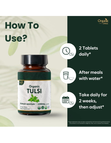 Tabletas de Tulsi Orgánico 120 tab | Albahaca Sagrada | USDA