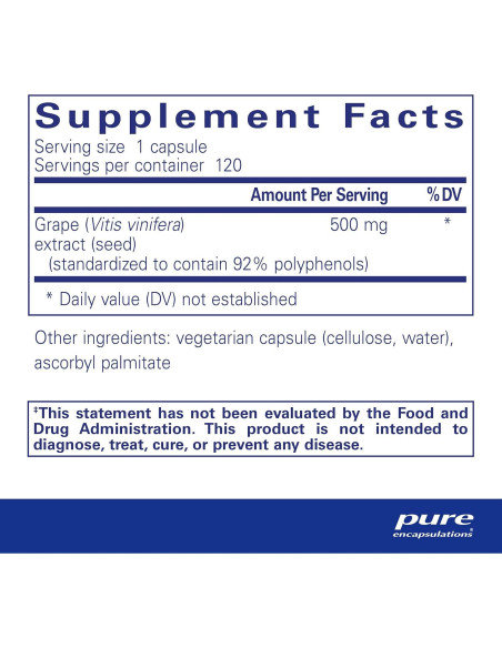 Suplemento de Semilla de Uva 500 mg Pure Encapsulations 120 Cápsulas Suplemento de Semilla de Uva 500 mg Pure Encapsulations 120 Cápsulas