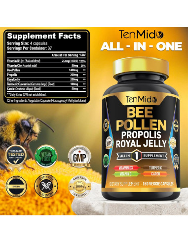 Suplemento de Polen de Abeja Orgánico Tenmido 150 Cápsulas 7 en 1