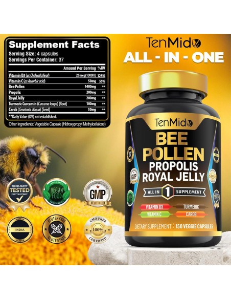 Suplemento de Polen de Abeja Orgánico Tenmido 150 Cápsulas 7 en 1 Suplemento de Polen de Abeja Orgánico Tenmido 150 Cápsulas 7 en 1